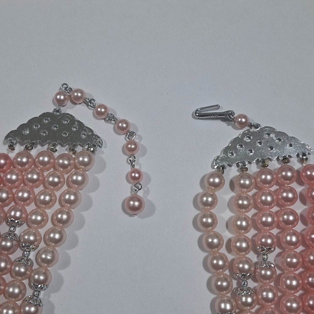 Vintage Japan 5 Strand Multi Pink Ombre Faux Pearl AB Crystal Necklace 15-18" - Picture 6 of 12